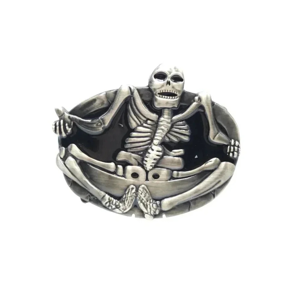 Brushed Nickel Yoga Pose Skeleton Belt Buckle Silver Tone Vintage